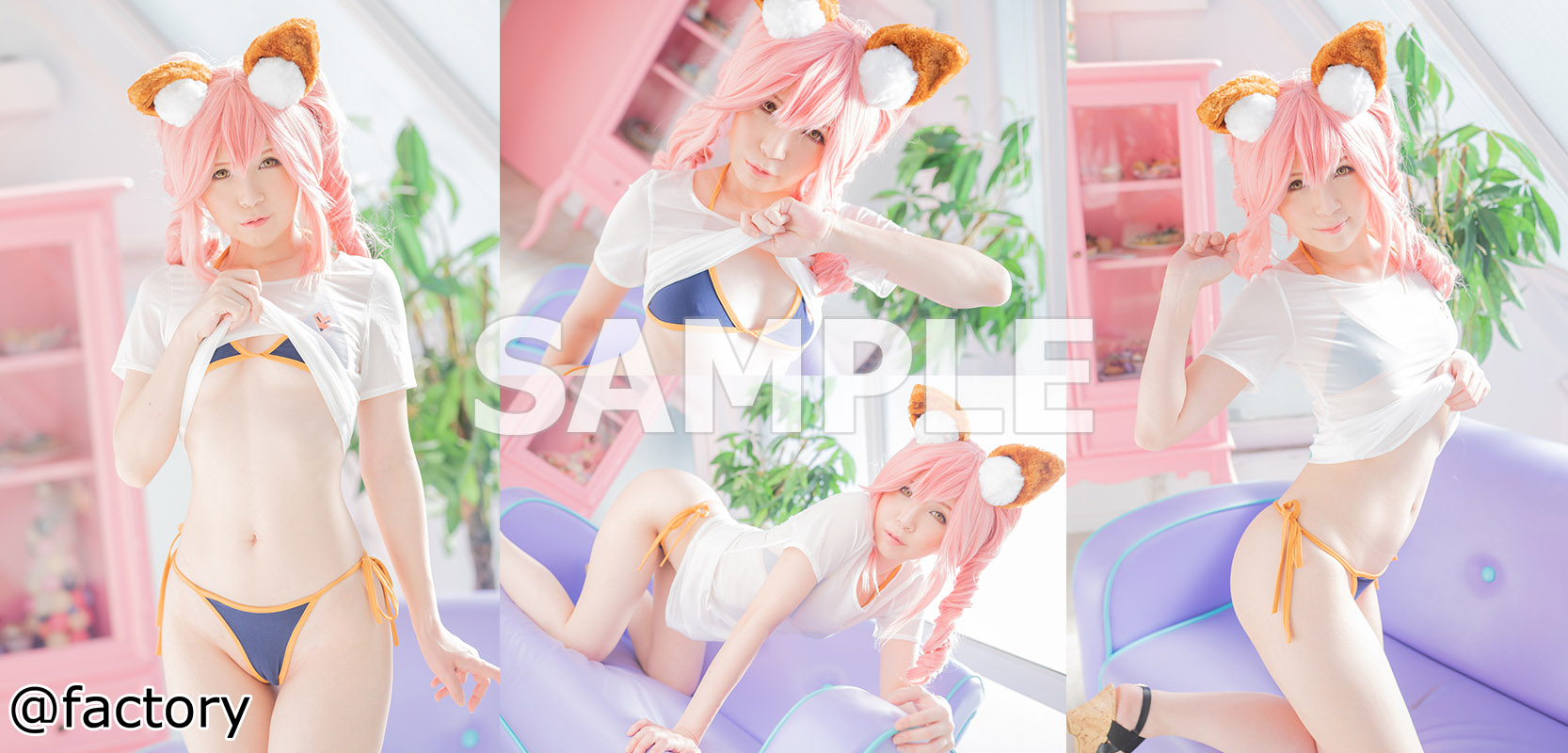 【玉藻の前】玉藻の前がTシャツ水着でパイパンまんこ指マン&電マ責め!爆乳ブルンブ... サンプル画像1